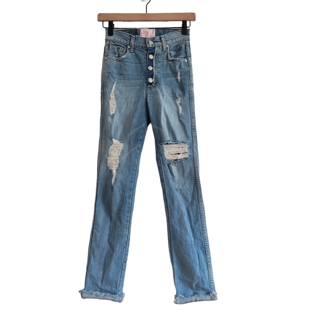 REVICE Light Wash Exposed Button Fly Distressed‎ Reworked Denim Jeans
